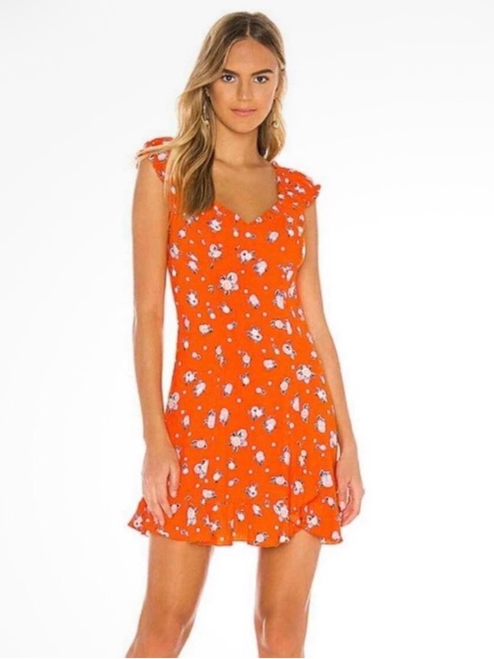 Free People Orange Floral Ruffle-Trim Mini Dress